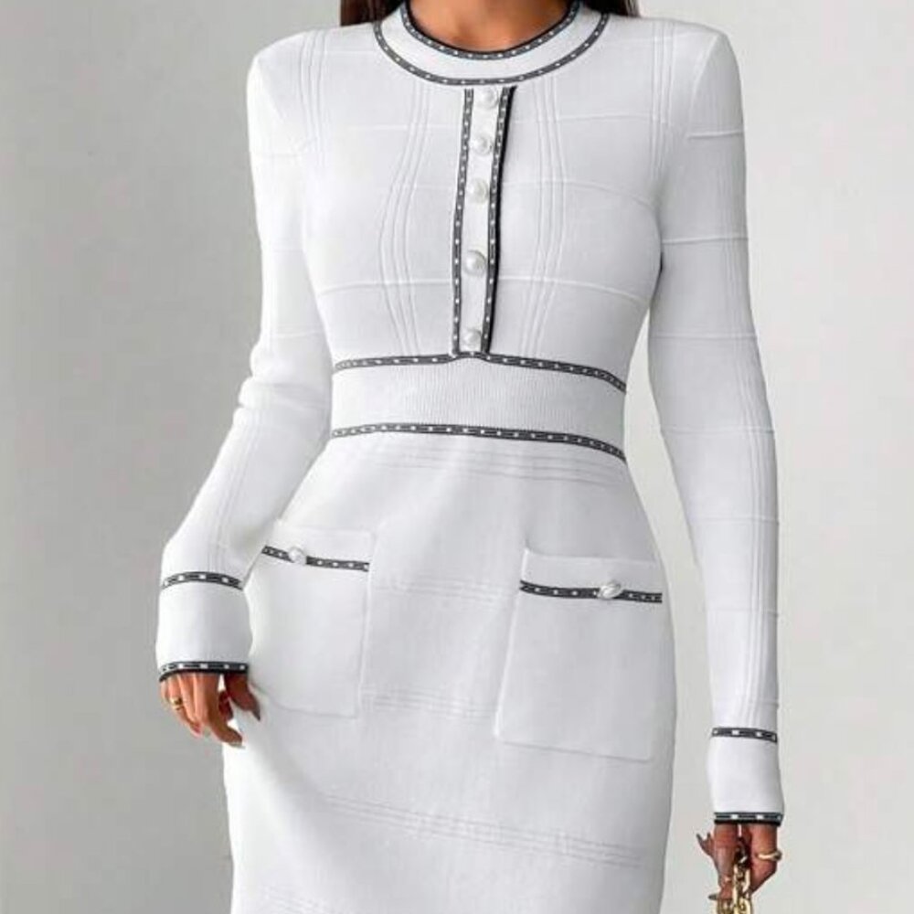 Classic Elegant Waisted Round Neck Sweater Dress - Picture 6 of 6